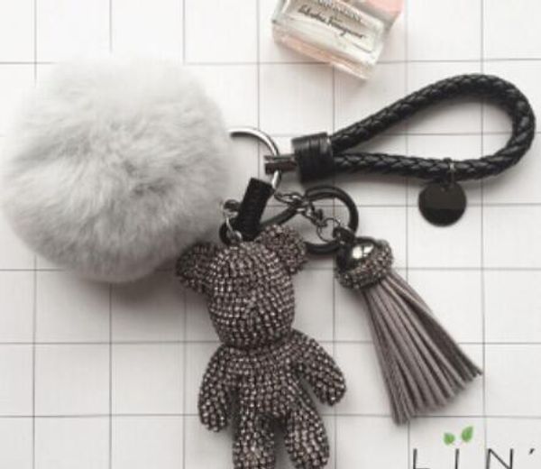 

luxury cute bling full cz rhinestones gloomy bear keychain car key chain ring pendant for bag charm gifts, Silver