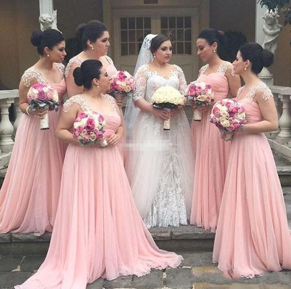 

Pink A Line Bridesmaid Dresses Sweetheart Long Chiffon Bridesmaid Gowns For Young Girls with Lace Pleat Wedding Guest maid of Honor Dresses