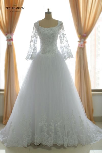 

2017 new elegant real p long sleeves lace wedding dresses a-line beaded appliques wedding party bridal gowns bm29, White