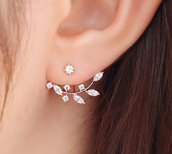 

chic ear jacket earrings rhinestoned leaf branch earrings for women gold /silver /rose gold tone ear jackets ear studs, Golden;silver