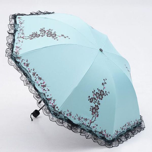 Moda Ladies Summer Dobring Sun Rain Umbrella Black Coating Anti-UV Women Lace Flor Parasol Frete grátis ZA3542