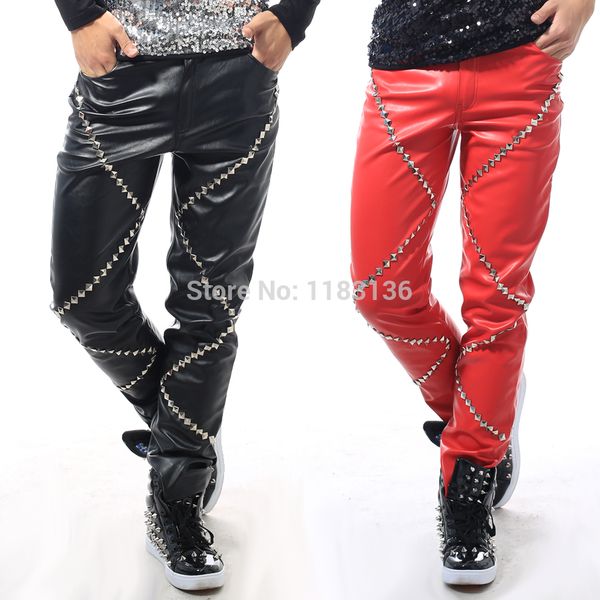 

2017 pu red leather rivets pants costume black ds performance fashion jazz dancer wear metal slim pants trousers nightclub bar singer