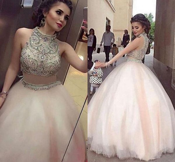 

2018 luxury beaded two piece ball gown prom dresses high neck sleeveless floor length formal long evening celebrity party dress, Black