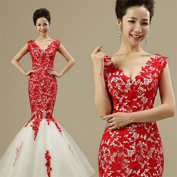 

2017 new wedding dresses red lace backless v-neck princess mermaid vestido de noiva romantic formal bridal gown, White