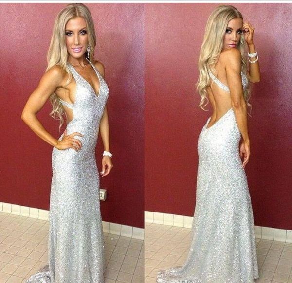 

2017 new silver sequined mermaid prom dresses blingbling v neck long straps sleeveless backless evening dresses women pageant gowns, Black