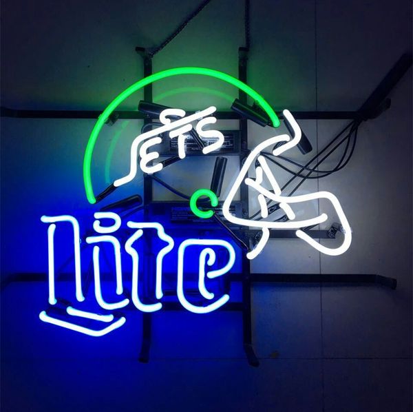 

17"x14" NY JETS Miller Lite Helmet Handcrafted Real Glass Tube BEER BAR CAR GARAGE NEON LIGHT WALL SIGN