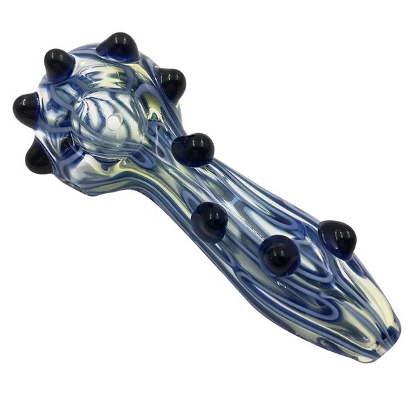 Cachimbo de colher fumegante elegante do avesso com frita de listra azul dupla e bolinhas pretas - cachimbos de vidro