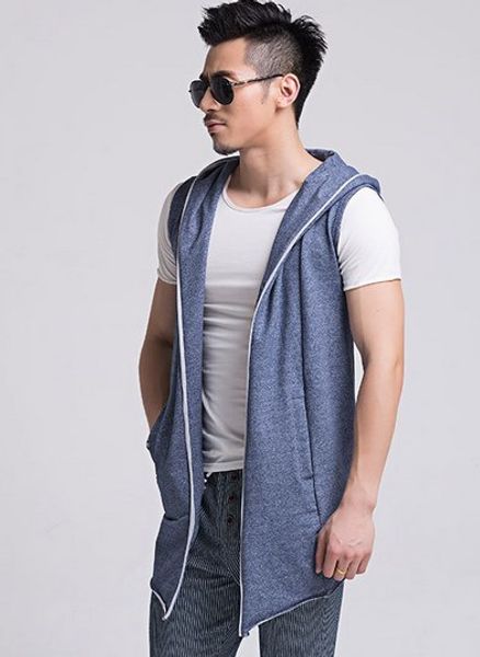 

wholesale- korean mens sleeveless cardigan outwear spring slim hooded vest men black grey blue sleeveless jacket hoodie vest chaleco hombre, Black;white