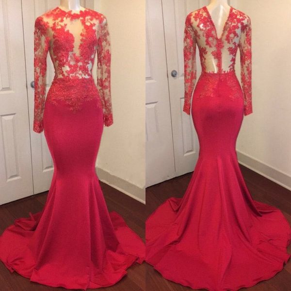 

2017 sexy red prom dresses lace long sleeve see through mermaid evening gowns formal prom dress