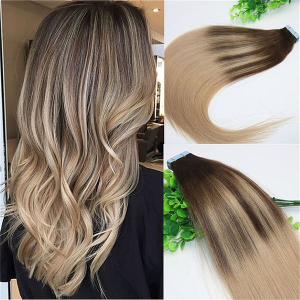 #4 #18Skin Weft Tape In Human Hair Extensions PU Tape Hair 40pcs 100gram Balayage Ombre Color Hair Color Ash Blonde Highlights