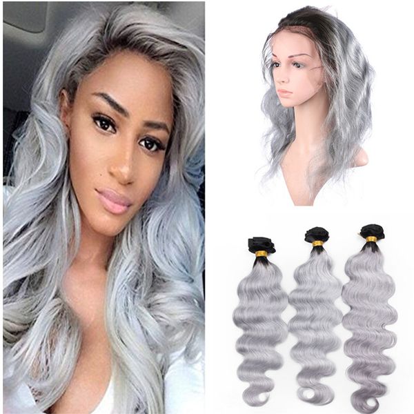 

1b grey ombre 360 full lace frontal closure with 3 bundles body wave virgin brazilian silver grey ombre human hair with 360 frontals, Black;brown