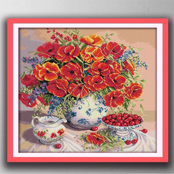 Fleurs de coquelicot et de cerisier Peintures de décor de dessin animé, ensembles de couture de broderie au point de croix faits à la main comptés impression sur toile DMC 14CT / 11CT