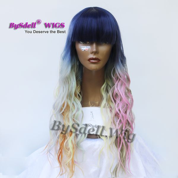 Acheter Sirène Rainbow Couleur Perruque De Cheveux Synthétique Bleu Foncé Ombre Rose Gris Violet Vert Jaune Couleur Perruque Avec Soignée Bang