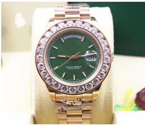 Luxo Presente de Natal 228238 18k Rose Gold Big Diamond Bezel Data Data 41mm Mens Automático Relógio Verde Dial Masculinos Esporte Relógios de Pulso