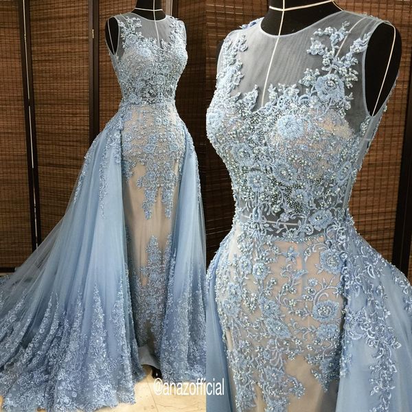 

роскошные бусы пром платья со съемным поезд кружева аппликация русалка вечерние платья сексуальная иллюзия лиф светло-голубой вечернее плать, Black