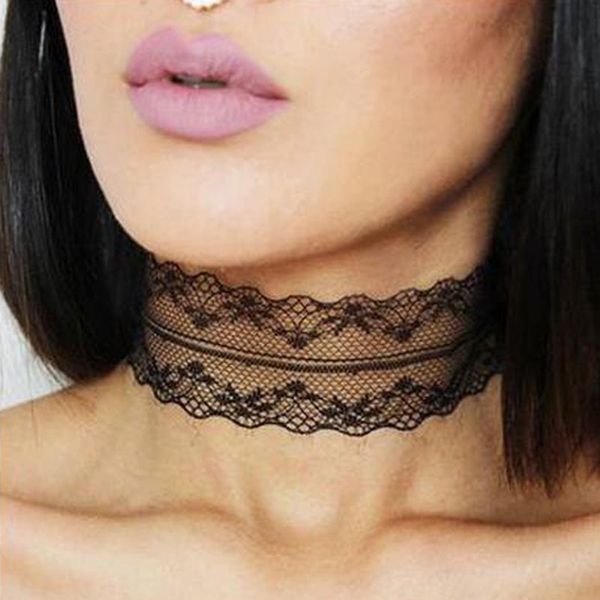 Schwarz Weiß Schlichte Spitze Choker Halskette Gothic Vintage Breites Band Handgefertigter Halsloser Schmuck Kragen Nacklace für Frauen