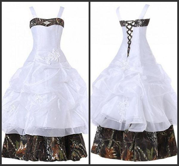 kids formal wear ball gown white satin camo flower girls dress elegant sleeveless lace up back elegant cute design pick up custom made, White;blue