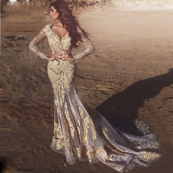 

exquisite lace applique wedding dresses said mhamad v-neck see through long sleeve mermaid wedding dress organza court train bridals gown, White