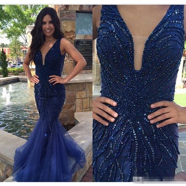 

Charming Navy Blue Prom Dress Beading Mermaid Evening Women Gowns Sleeveless Trumpet Formal Prom Party Dress Floor Length