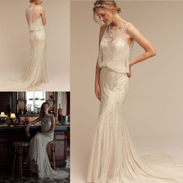

luxury crystal mermaid wedding dresses 2019 bhldn pearls beaded trumpat bridal gowns jewel neckline sweep train wedding dress, White