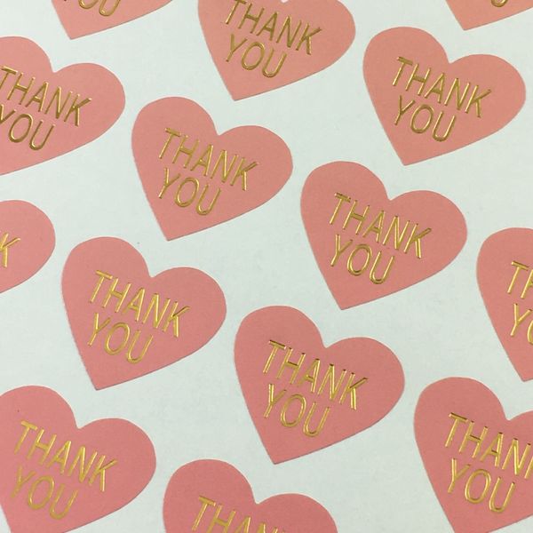

wholesale- 500pcs pink thermoprinting gold thank you labels wedding heart-shaped stickers labels adhesive labels for car/gift/iphone/boxes
