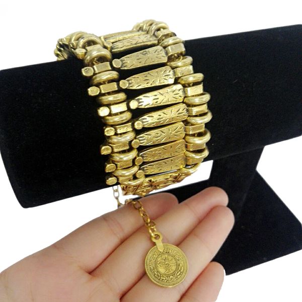 

wholesale-bohemia carved plated silver coin bracelet for women vintage tassel chunky bracelet bangle acciaio femme luxury, Golden;silver