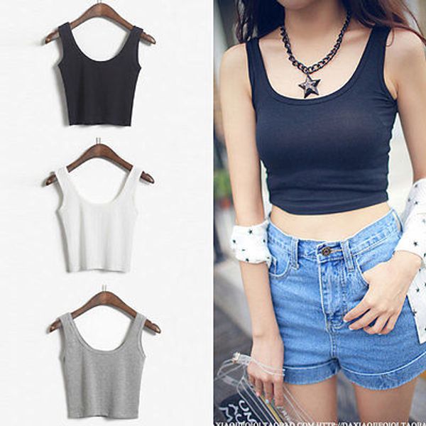 

wholesale- women's ladies scoop neck cropped belly sleeveless fitted tee stretchy newli, White