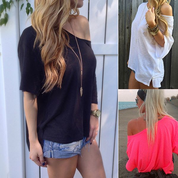

wholesale- women summer pure color off-shoulder loose short sleeve t-shirts, White