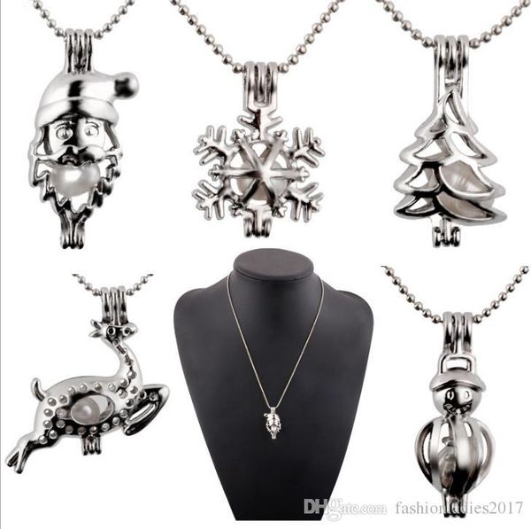 

new pearl клетка ожерелье с oyster pearl рождественская елка снеговик олень санта hollow locket ключицы цепи жемчужного ожерелья ювелирных и, Silver