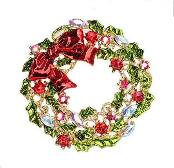 

1.8 inch silver/gold plated wreath and christmas brooch with crystals and red bow gift pins, Gray