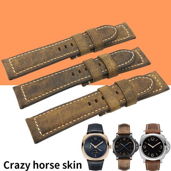 

20mm 22mm 24mm 26mm Handmade Italian Vintage Crazy Horse Genuine Leather Watch Band Strap Pin Buckle Watchband Strap for Panerai Watch PAM