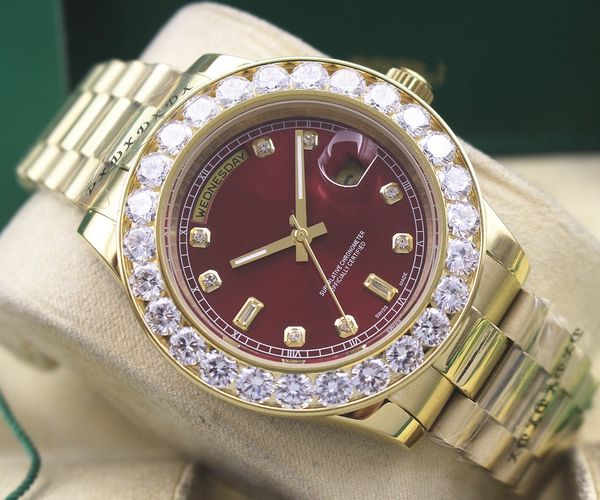 

factory supplier luxury mens automatic watch 18kt gold big diamond day-date president 18238 red dial men's sports wristwatches, Slivery;brown