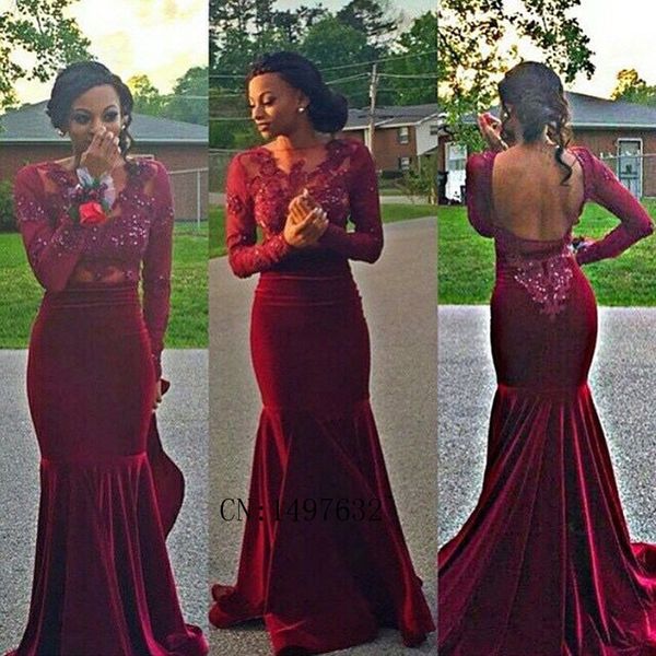 

Long Sleeve Burgundy Prom Dresses 2019 New Arrival African Style Boat Neck evening dress Appliques Lace Backless Velvet Burgundy Prom Dress