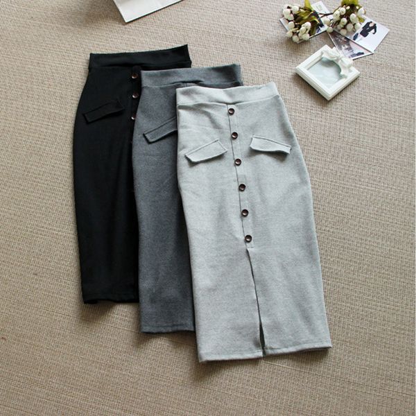 

wholesale-new spring split front high waist wool knit skirts female slim hips button pencil skirt long skirt, Black