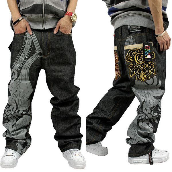 Wholesale-2016 Loose hip hop jeans men printed jeans men straight trousers jeans Harem Pants hip-hop graffiti printing embroidery