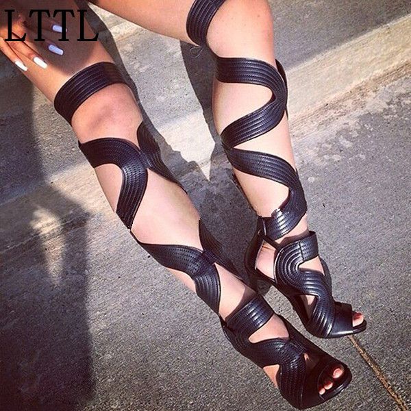 

new strappy lace-up gladiator sandals fashion cut-outs thigh high shoes open toe super high heels boots sandals woman, Black
