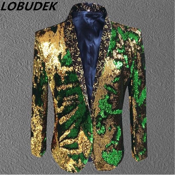 maschio oro verde paillettes giacca cappotto giacca costume da ballo sposo sposo vestito di moda viola cantante host performance sul palco abiti spettacolo formale