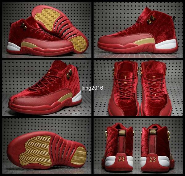 

2017 Red Gold Velvet Heiress 12 XII Mens Basketball Shoes High Cut Wool Suede Sneakers 12s Trainers Athletics Man Sport Shoe Size 8-13
