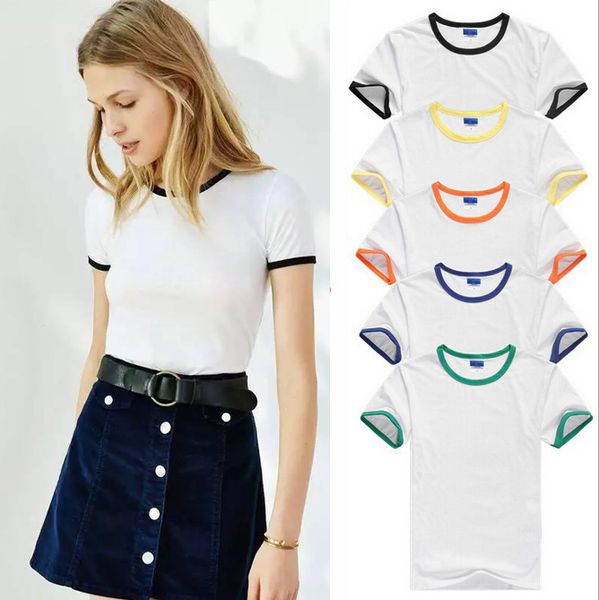 

wholesale- summer camp ringer tee student women short sleeve t shirt women basic stretch t-shirts solid color easy match, White