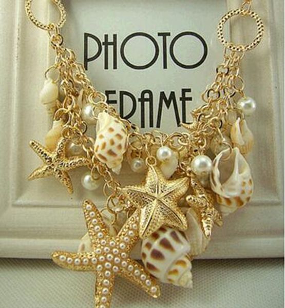 

wholesale-n232 lz 2016 new design fashion big bib statement chokers seashells starfish simulated pearl necklaces for women, Silver