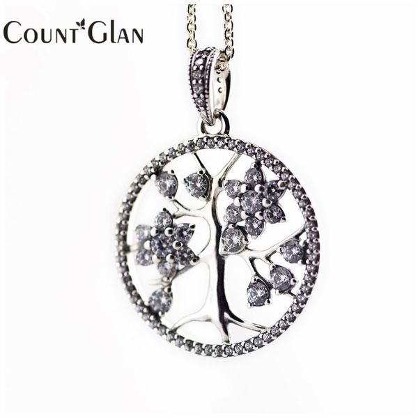 

compatible with european jewelry family tree silver necklace with clear cz original 100% 925 sterling silver jewelry diy, Black