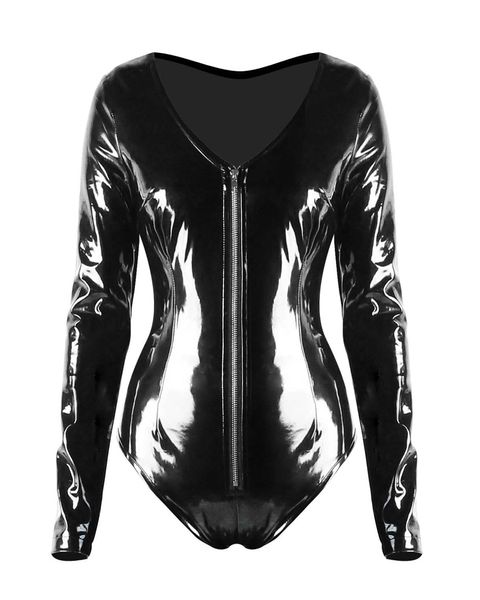 Long Sleeve gótico profundo decote em V Catsuit PVC brilhante Léotard Bodysuit Zipper Jumpsuit Pole Dancing Stripper Wear