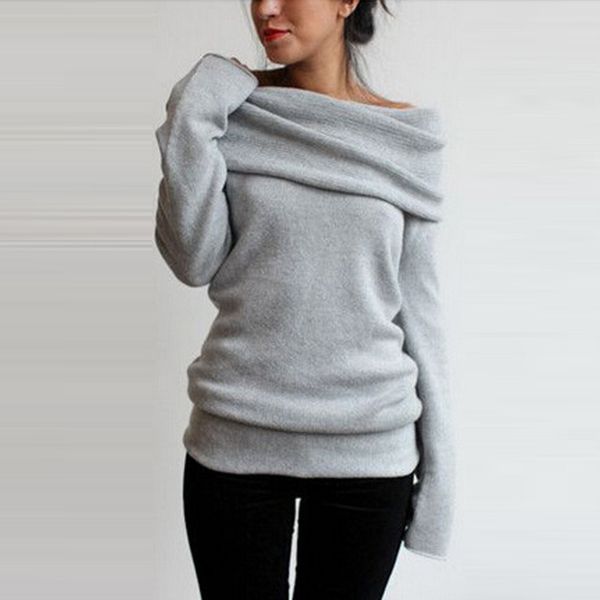 

wholesale-new fashion autumn winter casual pullover women's clothing slash neck long sleeve coat outerwear sweater grey khaki #80923, White;black