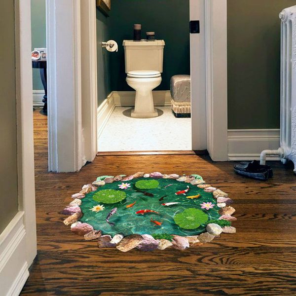

wholesale 3d lotus fishpond cute floor stickers novelty living room decal removable waterproof wall stickers