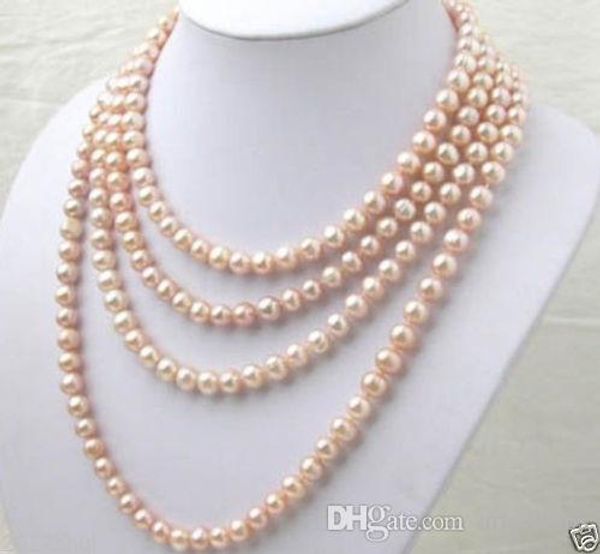 

lovely 7-8mm pink pearl long necklace 100", Silver