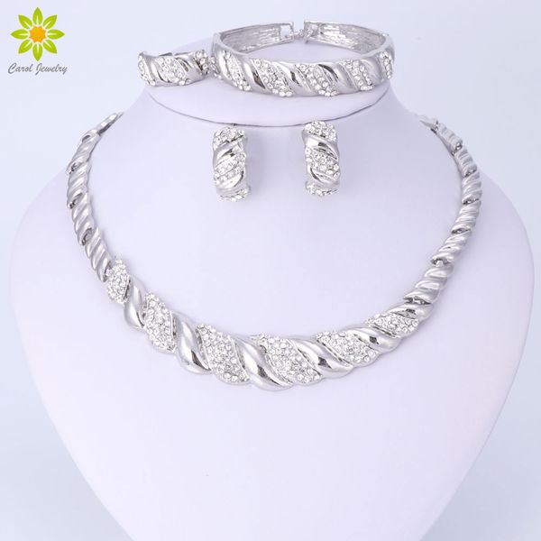 

silver plated rhinestone jewelry sets for women crystal necklace earrings bracelets wedding party rings fashion choker