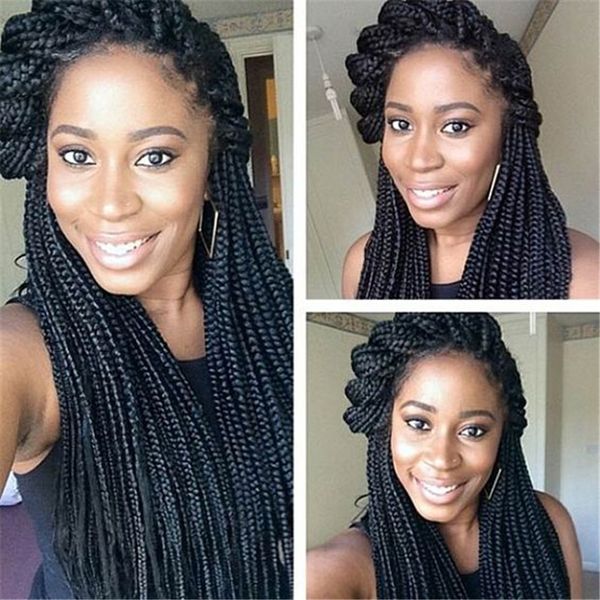 

micro braid wig african american braided wigs for women 14" synthetic wig long straight hair braided lace front wig box braids lace wig, Black