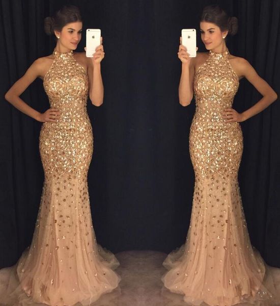 

luxurious mermaid arabic evening dresses high neck beaded crystals tulle prom dresses sparkly formal party gowns, Black;red