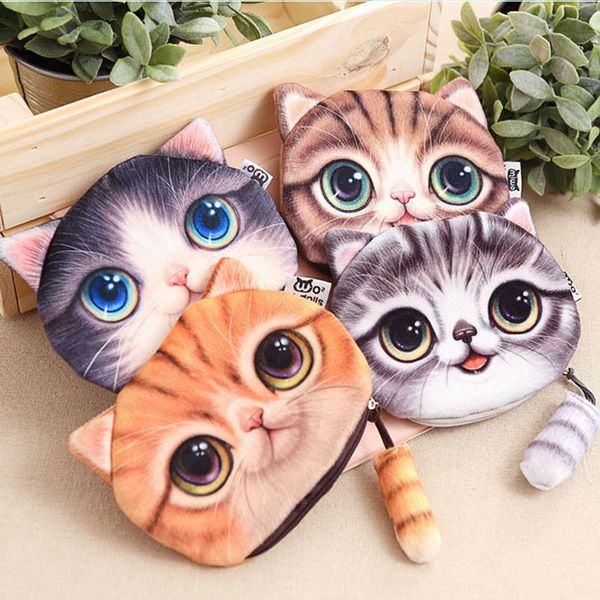 Moedas Bolsas Carteira Senhoras Impressão 3D Gatos Cães Animal Grande Mudança de Rosto Moda Bonito Pequeno Saco Com Zíper Para As Mulheres