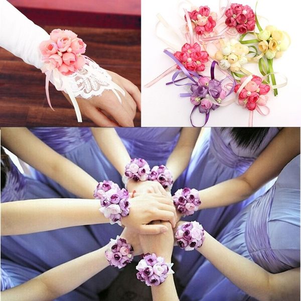 

wholesale- 1 pcs delicate wrist corsage bracelet bridesmaid sisters hand flowers wedding party bridal prom new, Golden;silver